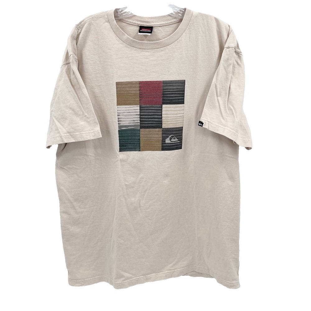 QUICKSILVER Men's XL Vintage Beige Blocks Graphic Print Short-Sleeve T-Shirt Y2K
